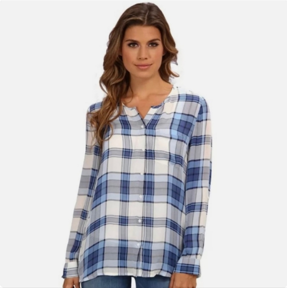 NWOT Joie 100% Silk Karina Blue White Plaid Blouse Long Sleeve Button Down M